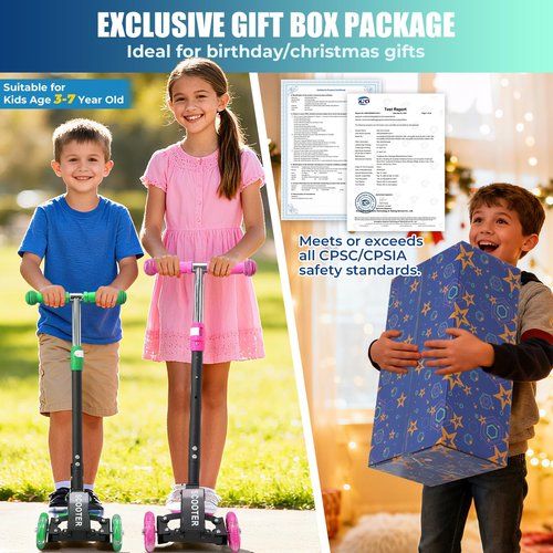 Kids 3-Wheel Kick Scooter – Adjustable Height, Gravity Steering, & LED Wheels, Foldable for Travel, Durable Metal Frame Supports up to 180 lbs