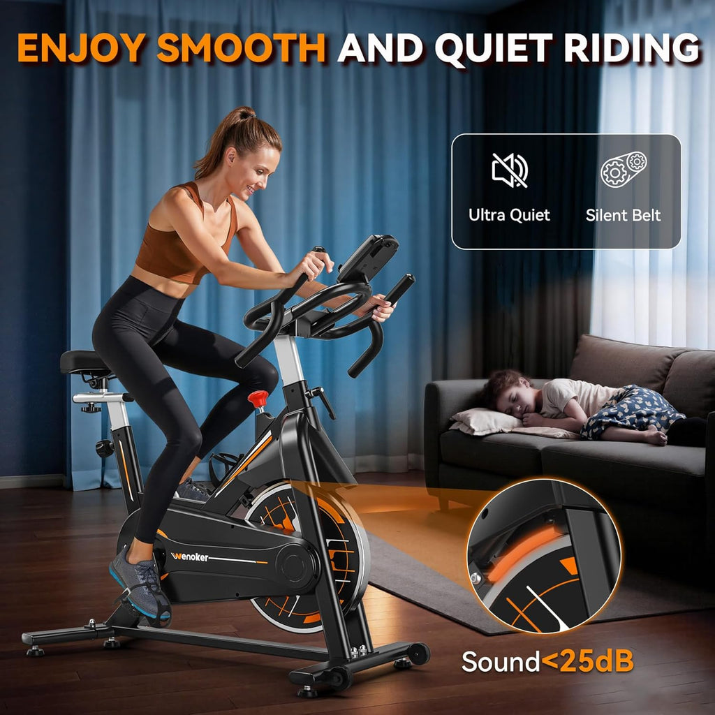 Wenoker Exercise Bike - App Sync Indoor Stationary Bike with Adjustable Seat & Multi-Grip Handlebars | Ideal for Weight Loss
