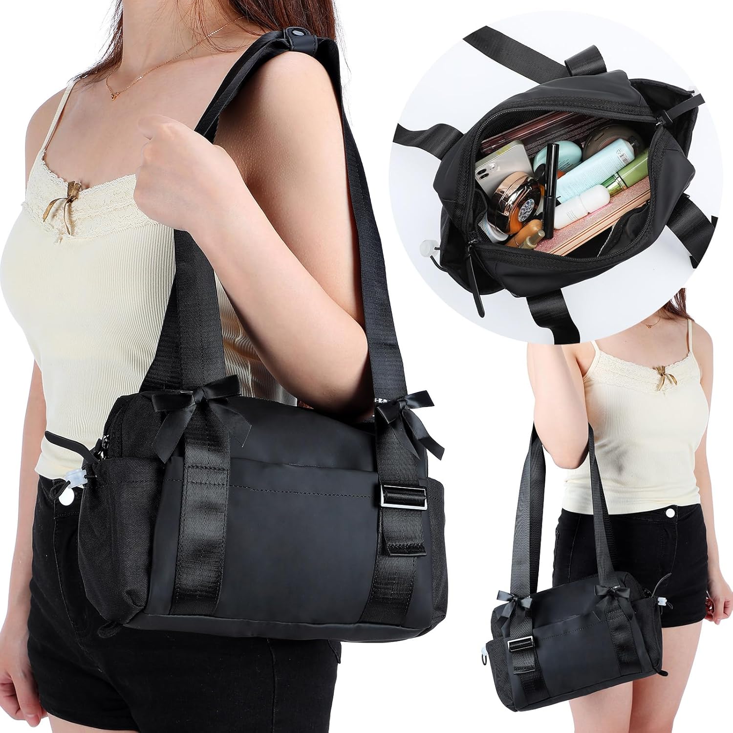 Skiennix Mini Gym Bag for Women - Stylish Black Coquette Duffle with 5 Bow Accessories | Perfect for Travel & Yoga