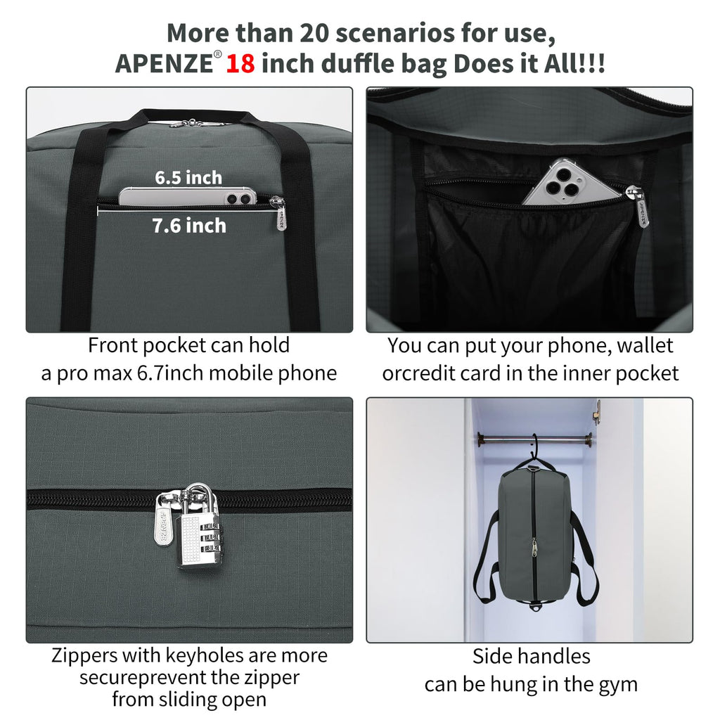 Apenze Small Gym Bag 18 inch Carry On Duffel Bag for Weekender Travel - Dark Grey