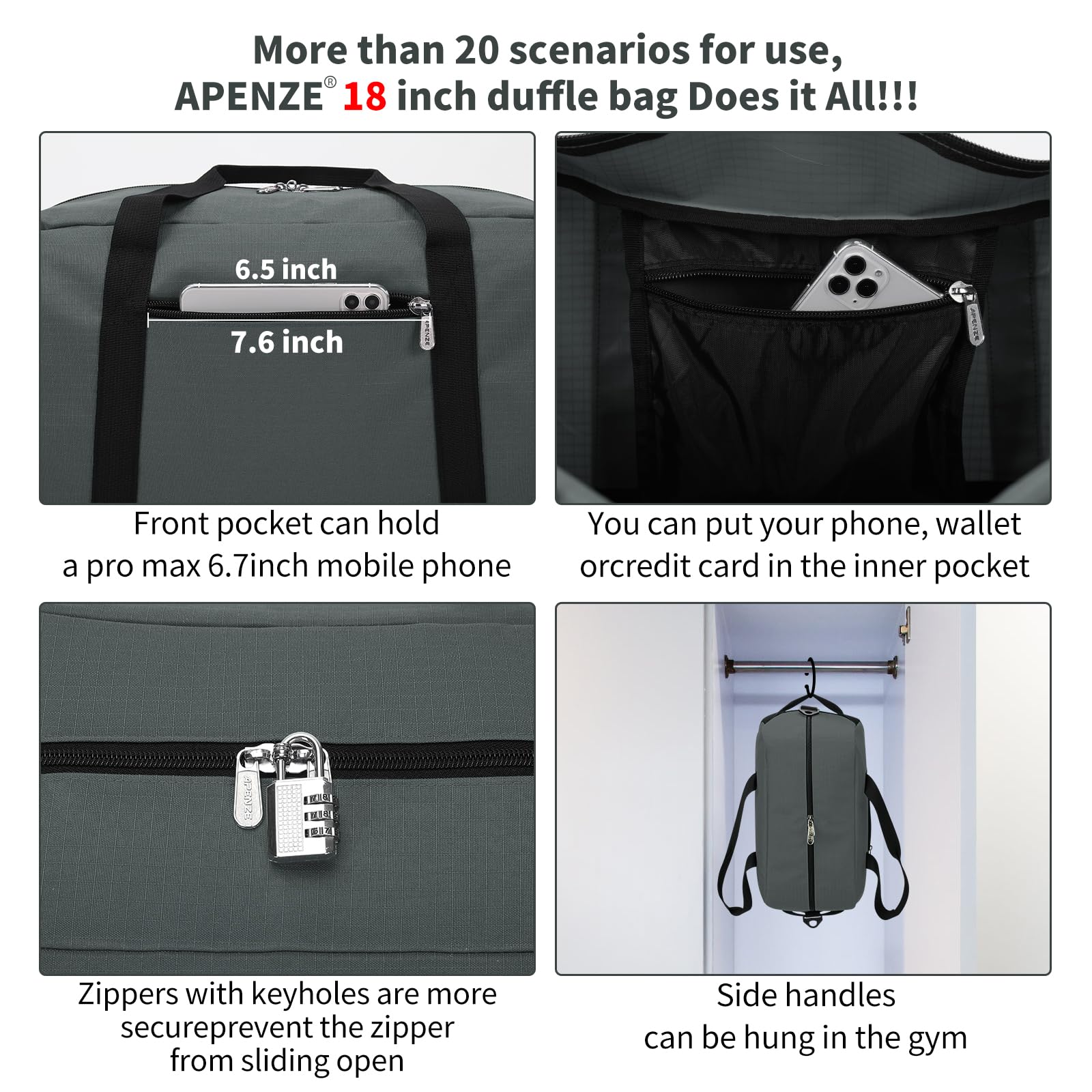 Apenze Small Gym Bag 18 inch Carry On Duffel Bag for Weekender Travel - Dark Grey