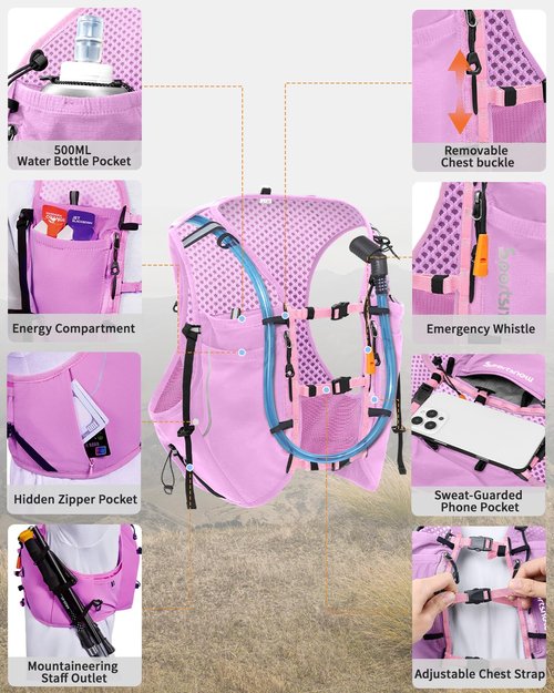 sportsnew Hydration Running Vest for Women, Ladies Hydration Backpack with Waterproof Phone Pocket for Trail Running Cycling Hiking Marathon (Pink with 2 x 500ML Soft Flask, S/M: Chest 28''-34'')