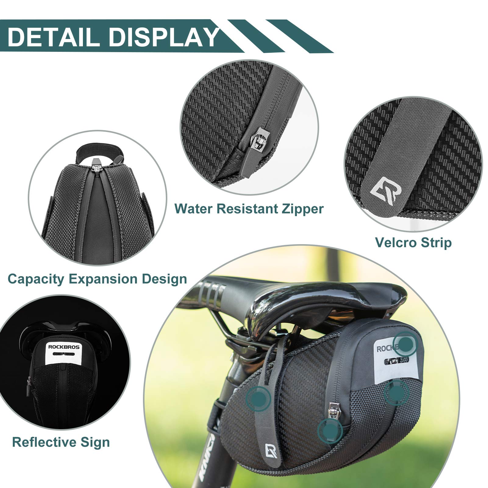 ROCKBROS Bike Saddle Bag, Bike Bag Under Seat, Strap-on Cycling Wedge Pack, Bike Seat Storage Bag for Mountain Road Bikes, 0.75L