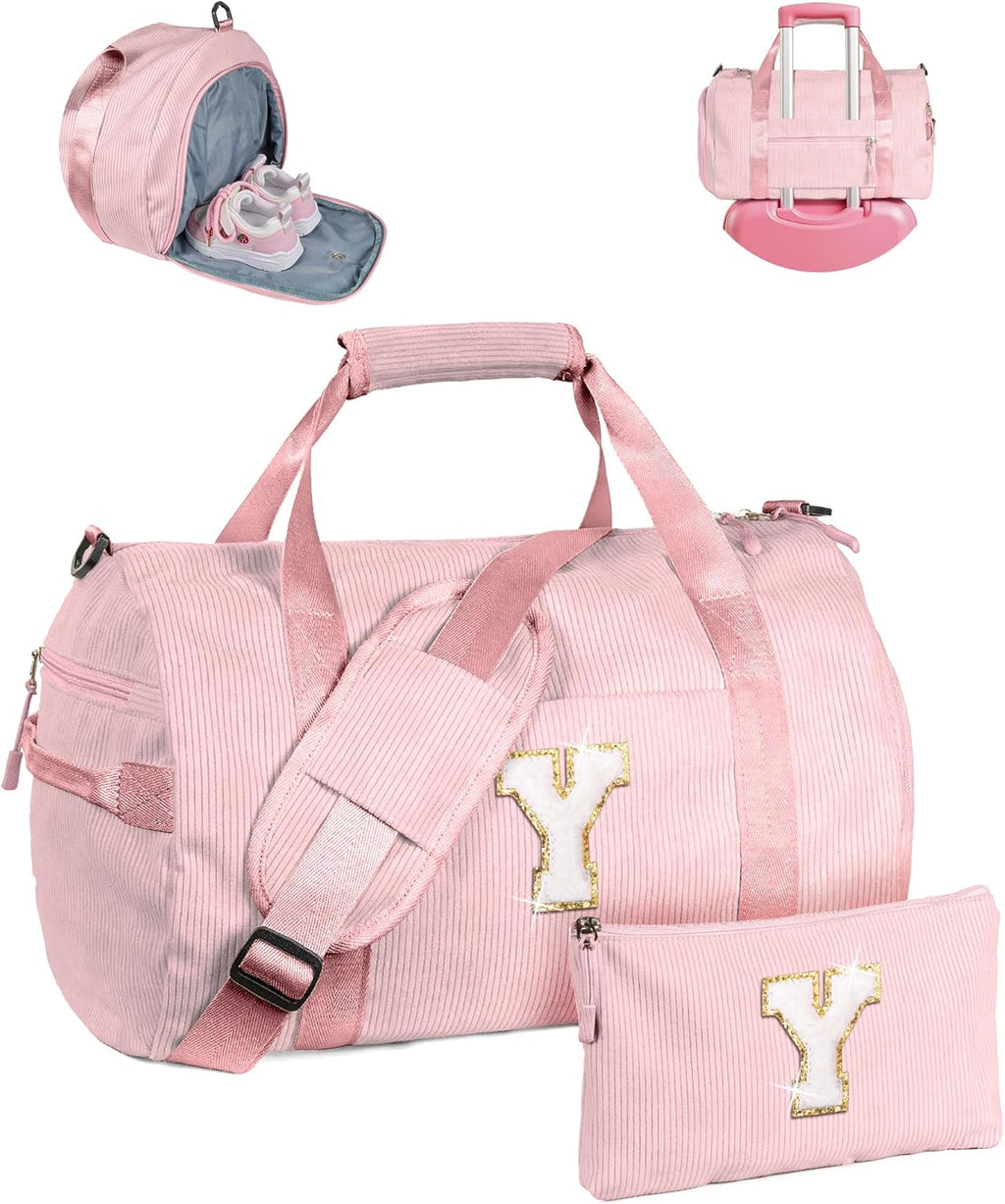 Skiennix Personalized Girls Gym Bag - Customized Dance Duffle with Shoe Compartment & Toiletry Bag | Perfect Birthday Gift for Ages 3-8 (Letter Y)