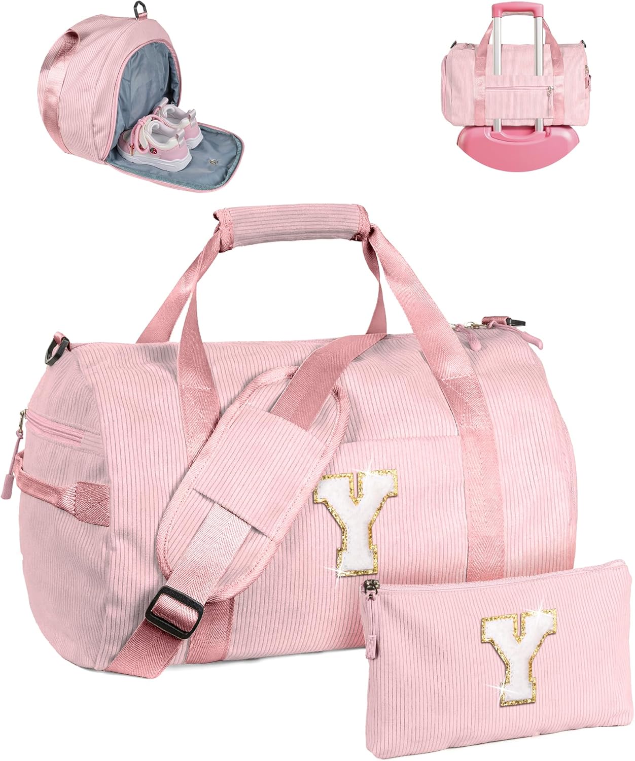 Skiennix Personalized Girls Gym Bag - Customized Dance Duffle with Shoe Compartment & Toiletry Bag | Perfect Birthday Gift for Ages 3-8 (Letter Y)