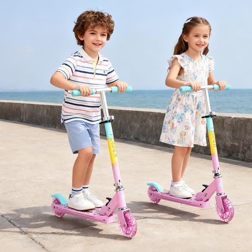 LEADER RIDER Scooters for Kids with Light-Up Wheels, Stem and Deck, Lightweight Foldable, 3 Adjustable Height Scooters for Kids 3+(Pink)