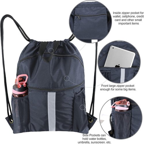 BeeGreen X-Large Drawstring Backpack - Black Gym Bag with Shoe Compartment for Sports & Travel