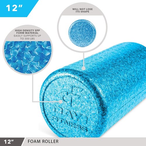 Day 1 Fitness Muscle Foam Roller - High Density Sports Massage for Stretching & Pain Relief - Solid Blue, 12”