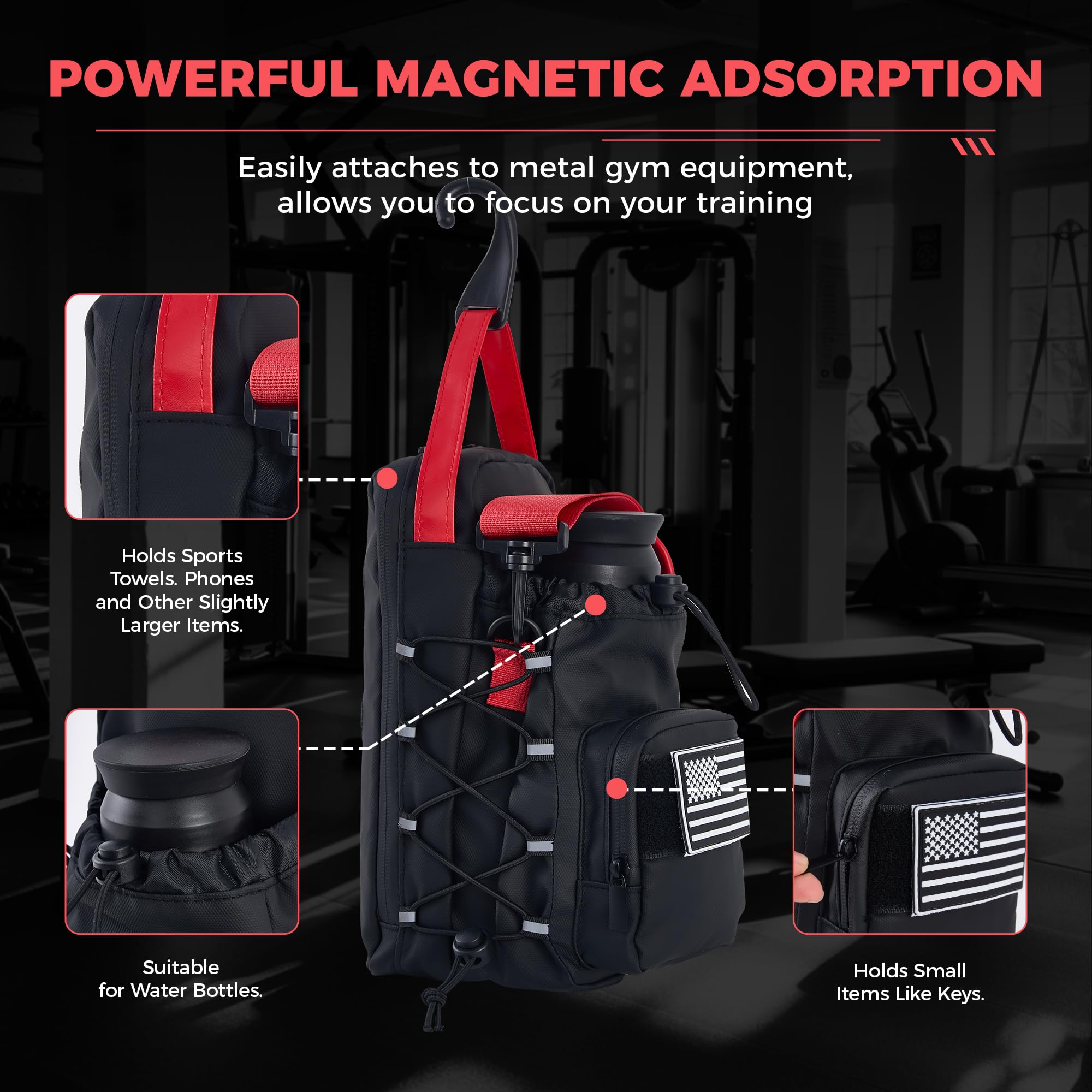 Magnetic Gym Bag & Water Bottle Holder for Gym Equipment, Compact Sling Pouch with 3 Pockets, Strong Magnet Attachment for Squat Racks, Cable Machines & Lockers, Removable Patch, Black