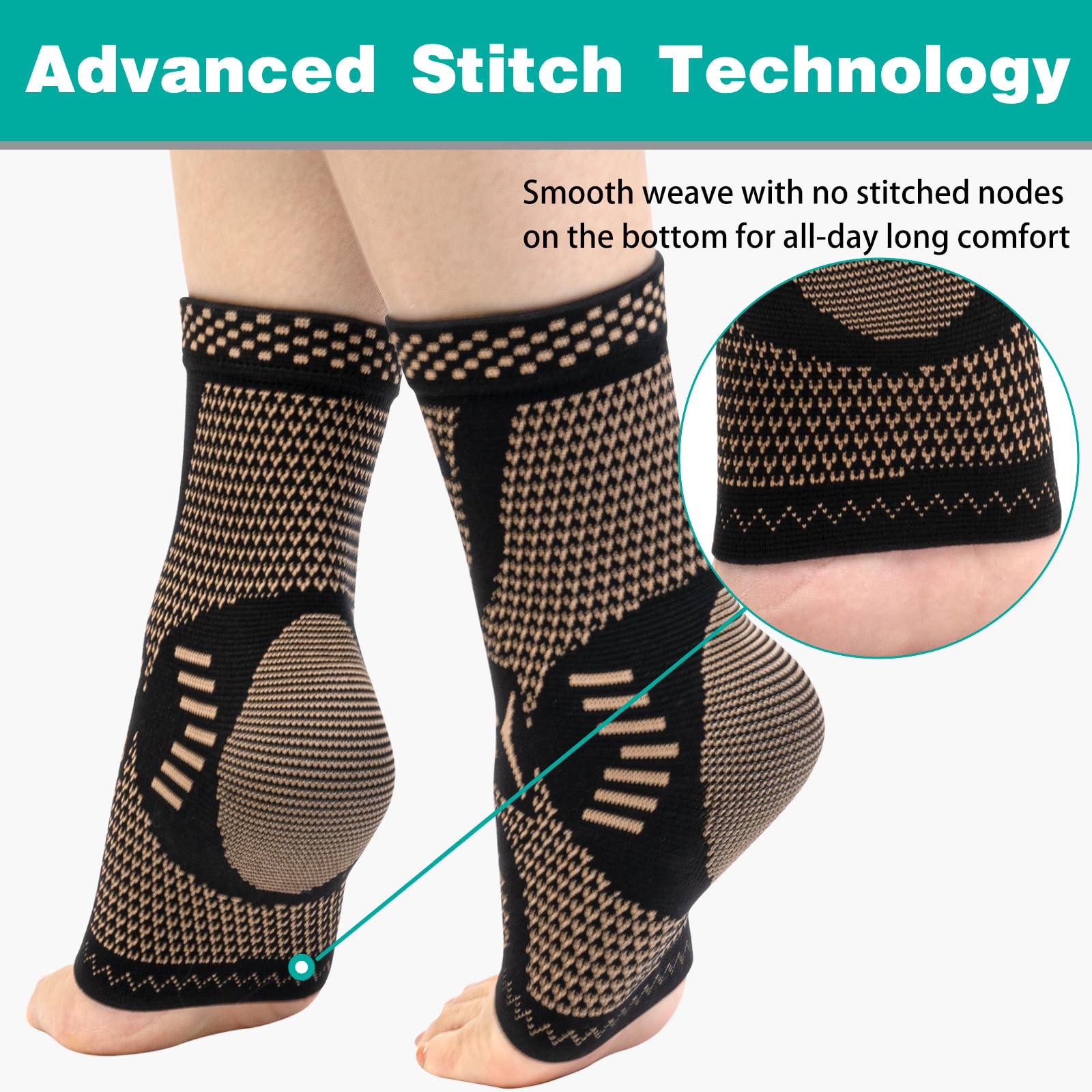 INDEEMAX Ankle Brace for Sprained Ankle Compression Sleeve, 2 Pack Copper Infused Ankle Support Brace for Women & Men, Plantar Fasciitis Relief Achilles Tendonitis, Sports Running, Copper Black, L