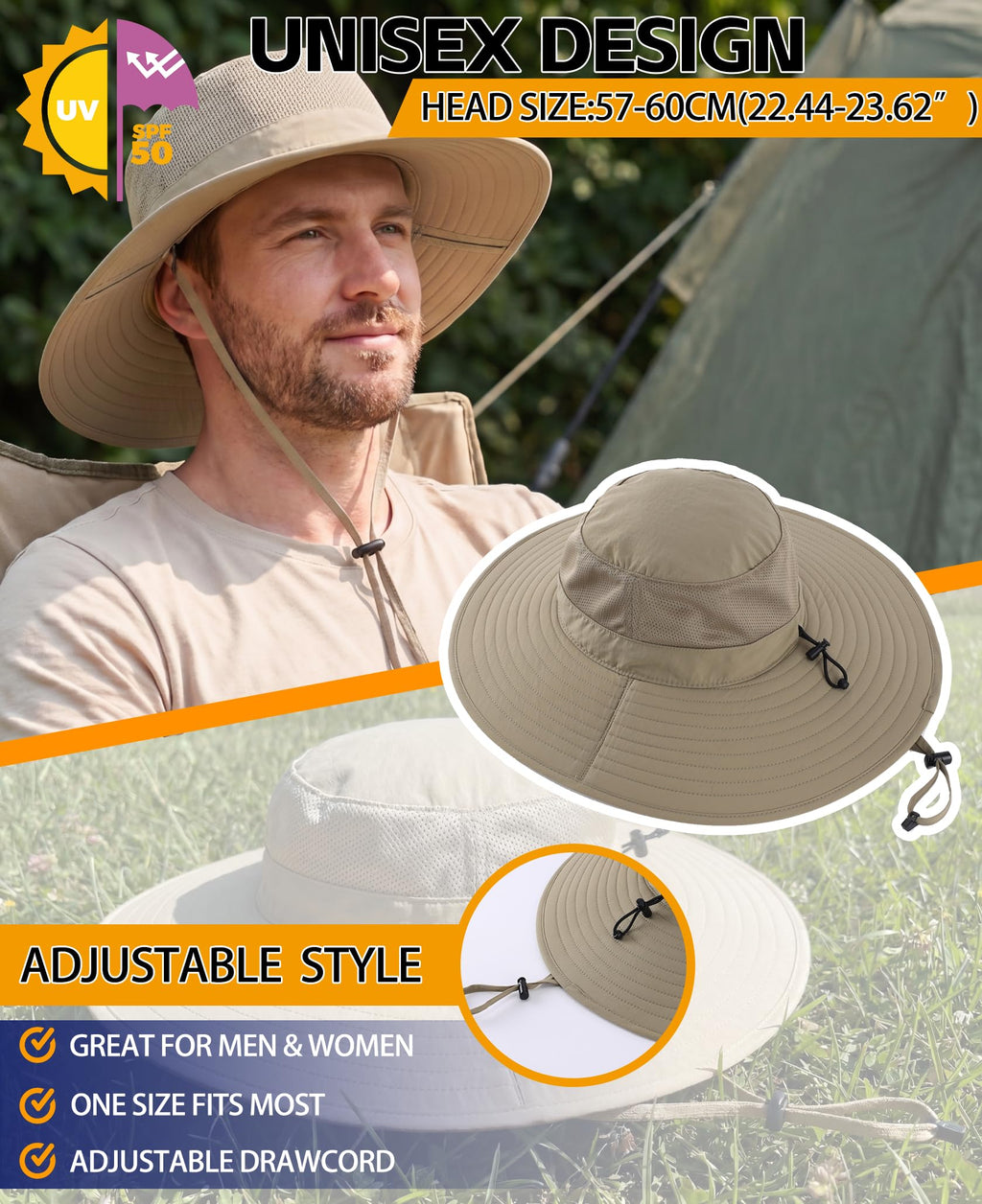 Home Prefer UPF50+ Mens Sun Hat Wide Brim Fishing Hat Foldable Large Brim UV Protection Sun Hat for Men Women Beach Gardening (Khaki)