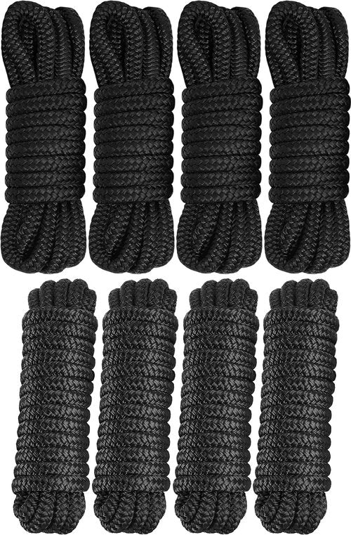 Marine Grade Dock Lines Bundle - 1/2" x 15ft & 3/8" x 20ft Double Braided Nylon Ropes - 4 Pack with 12" Loops