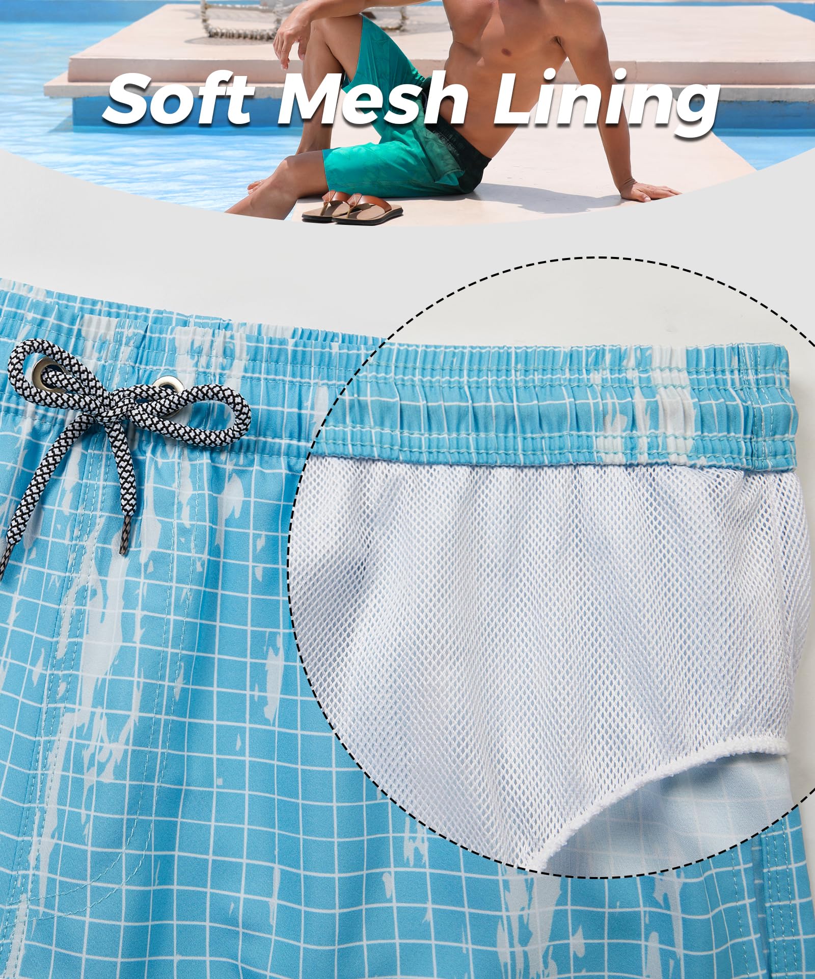 ELETOP Men's Swim Trunks Quick Dry Bathing Suit Swimming Board Shorts Mesh Lining Beach Swimwear Grid Gradient Blue 4XL
