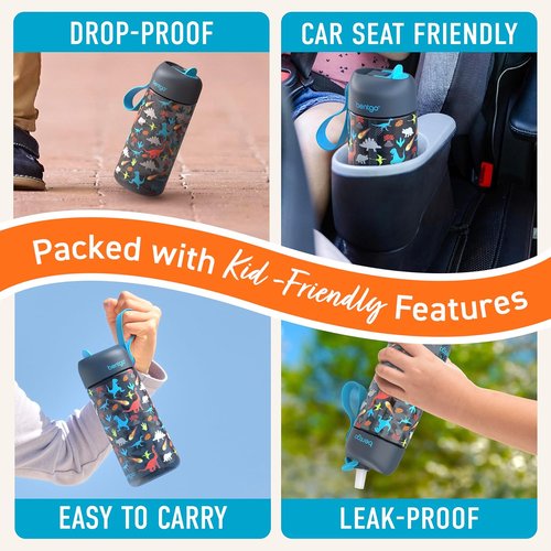 Bentgo Kids Water Bottle - Leak-Proof, Durable Tritan, BPA-Free 15 oz. for Kids | Bite & Sip Spout, Dishwasher Safe, Dinosaur Design