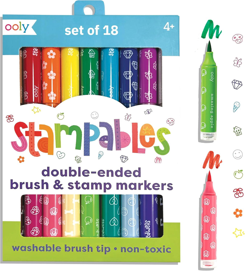 Ooly 18 Double-Sided Stamping Markers - Versatile Brush Tip & Stamp for Creative School Supplies
