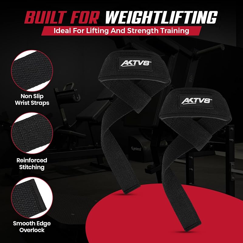 AKTV8 23” Lifting Straps with 4mm Neoprene Padding – Black, Padded Wrist Straps for Deadlifts