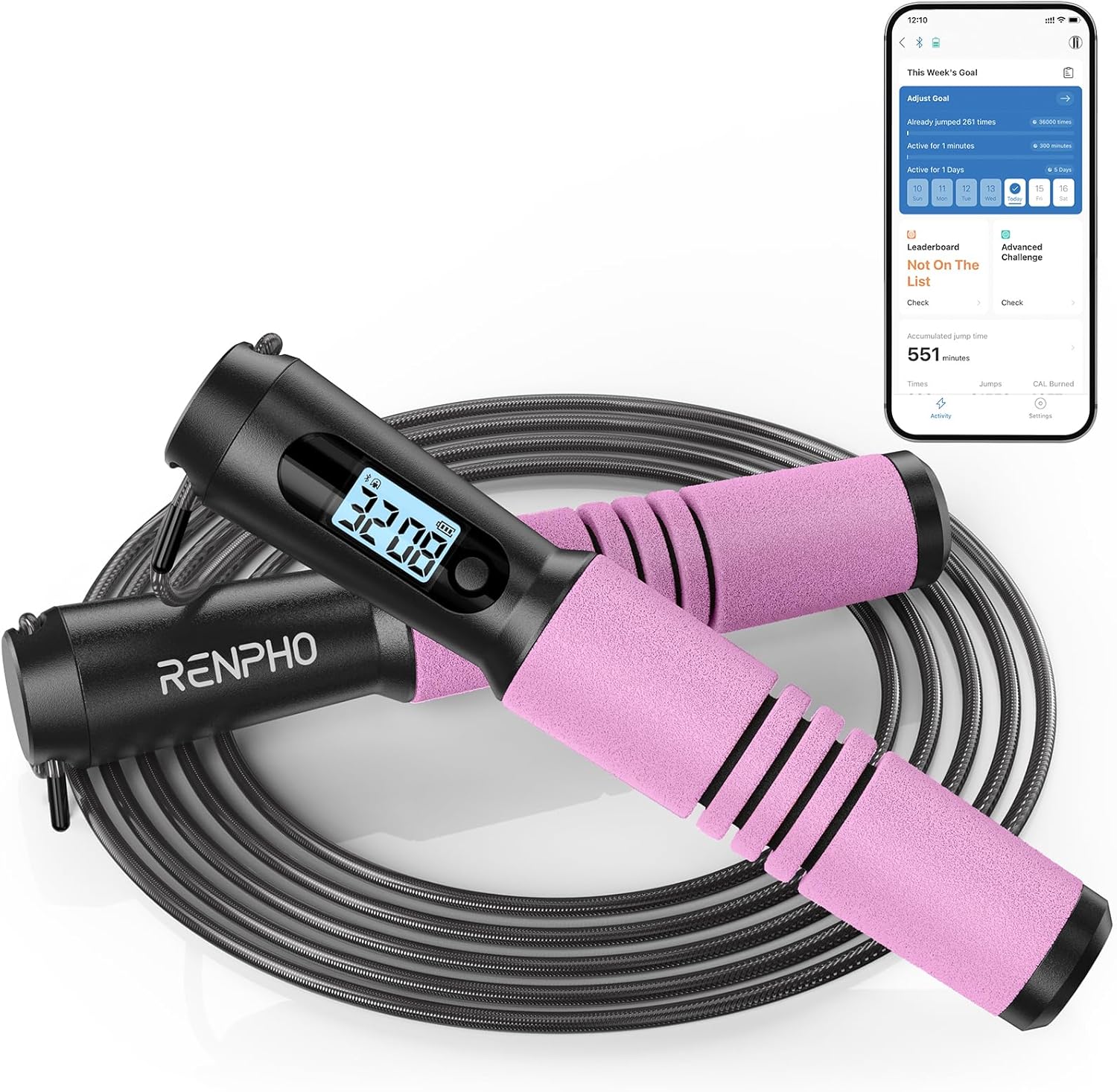 RENPHO Smart Jump Rope - Tangle-Free Skipping Rope with APP Data Tracking & Adjustable Length for Men & Women