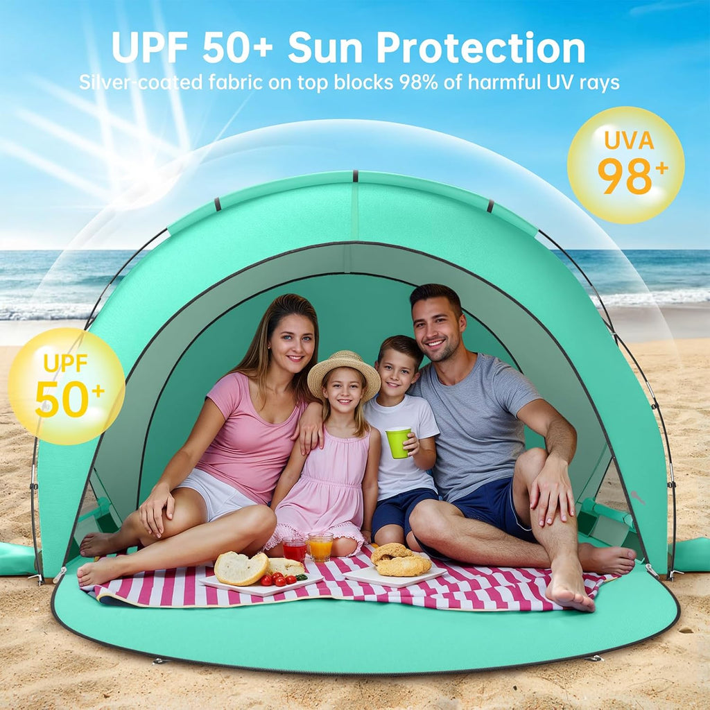 Raynesys Beach Tent - Portable Sun Shelter for 1-4 People | Green Shade with 2 Zippered Doors