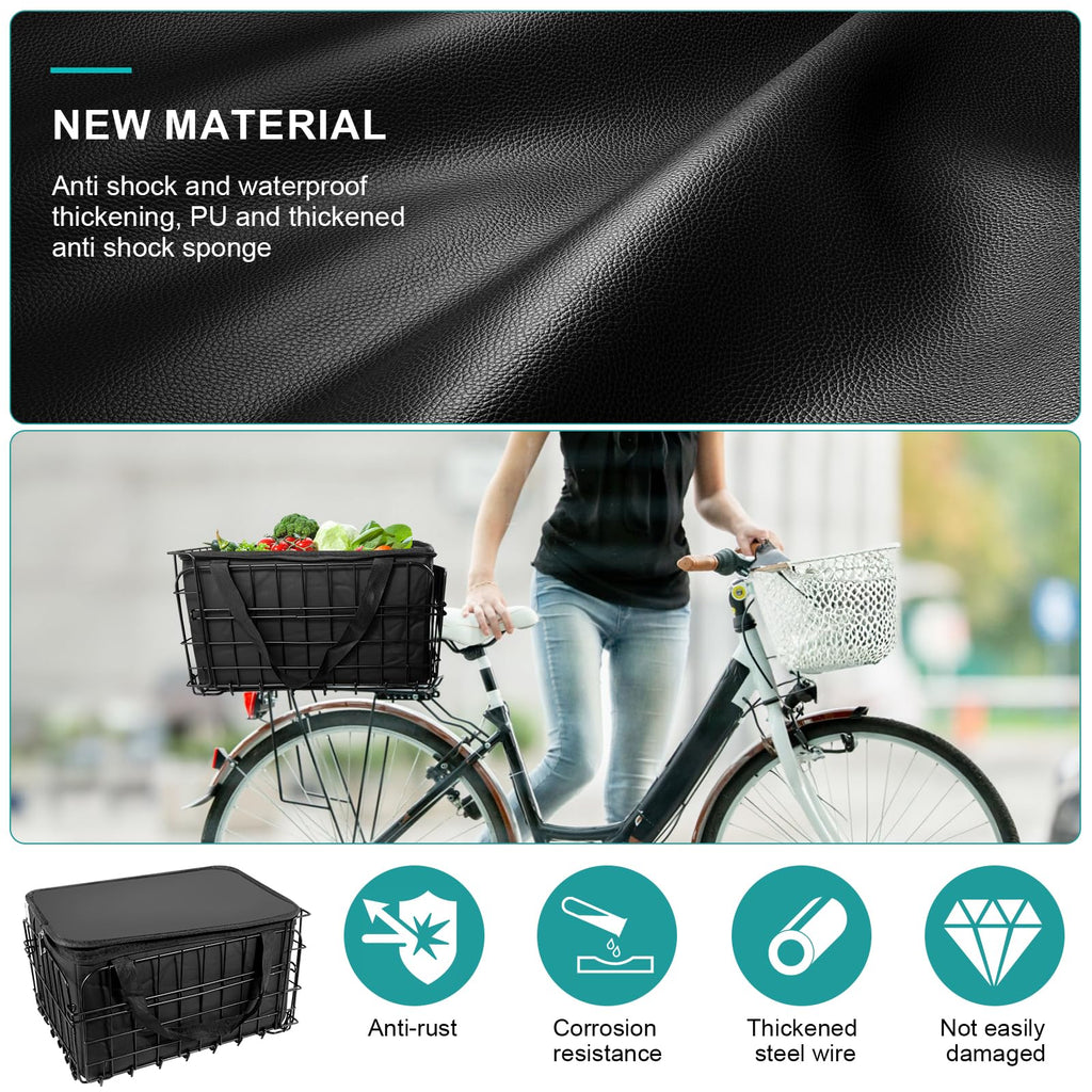 Riian Bike Basket Front/Rear, Thickened Shockproof Foldable Bicycle Basket with Waterproof Bag, Quick Release Design, Metal Bicycle Frame Basket for Adult Women Men