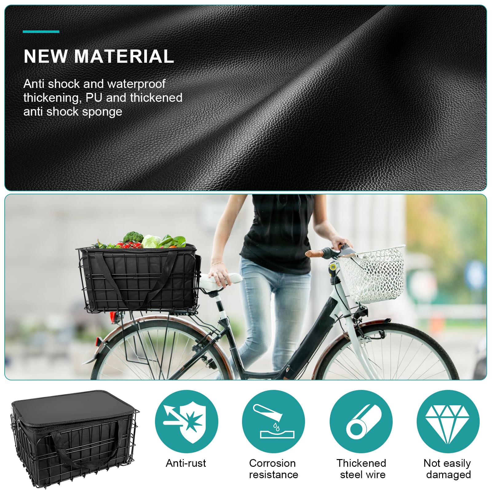 Riian Bike Basket Front/Rear, Thickened Shockproof Foldable Bicycle Basket with Waterproof Bag, Quick Release Design, Metal Bicycle Frame Basket for Adult Women Men