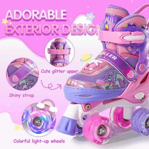 METROLLER Kids Roller Skates Girls Ages 4-6 5-8 8-12 Adjustable Toddler Roller Skates Shining Wheels Little Unicorn Sports Outdoors
