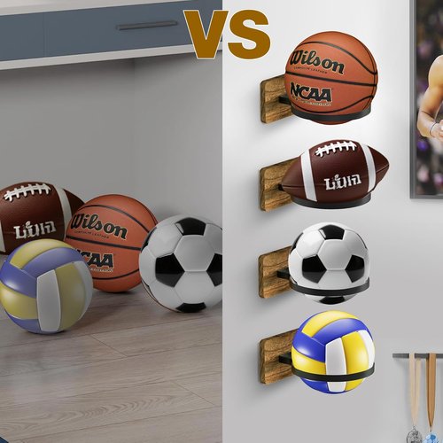 Basketball Holder Wall Mount - Wooden Base, 4-Piece Sports Ball Storage Rack for Football, Soccer & Rugby