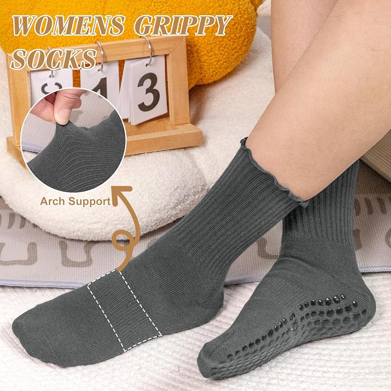 6 Pairs Womens Pilates Socks with Grips, Ruffle Non Slip Grip Socks - Black Dark Grey Light Grey Khaki Dark Brown White