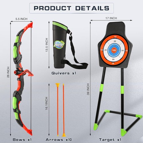 Handwell LED Light Up Bow and Arrow Set - Archery Toy for Kids with 10 Suction Cup Arrows & Target | Ages 3-12