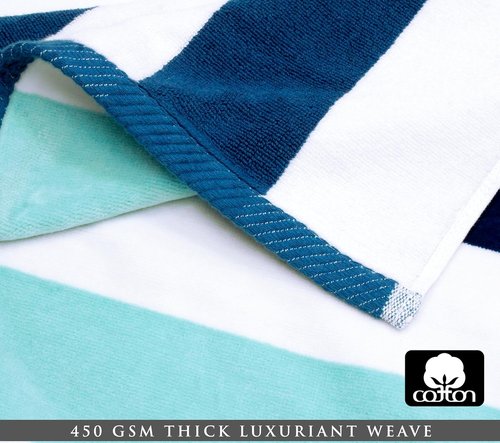 COTTON CRAFT Oversized XL Beach Towel - 100% Cotton Velour, 2 Pack, 39 x 68 Inches - Super Soft Luxury Cabana Stripe Blue