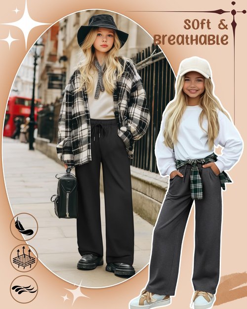 LessonZoo 3 Pack Girls' Sweatpants Wide Leg Drawstring Casual Kids Joggers Open Bottom Loose Solid Teen Pants with Pockets(Light Pink, Dark Gray, Black,Large)