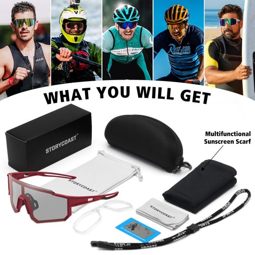 STORYCOAST Polarized Sports Sunglasses for Men Women,Driving Fishing Cycling Mountain Bike Sunglasses UV400 Protection Red Frame-Photochromic Lens