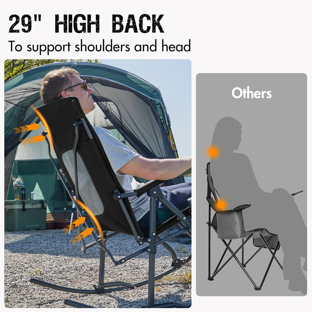Portal Oversized Folding Rocking Camping Chair Portable Outdoor Rocker with High Back Hard Armrests Carry Bag, Supports 400 lbs, Mesh Back, Black & Grey
