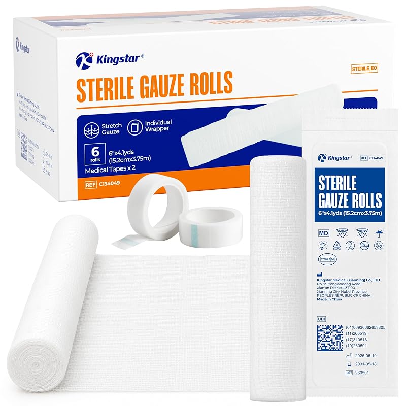 Sterile Gauze Roll 6 in x 4.1 yd (6 Rolls) - Adhesive Free, Breathable First Aid Gauze