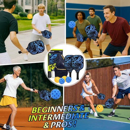 Pickleball Paddles Set of 2, Fiberglass Surface & Polypropylene Honeycomb Core, Lightweight 7.5oz, Cushioned Grip & Large Sweet Spot, Pickle Ball Rackets with 4 Balls and Bag for Beginner Men Women