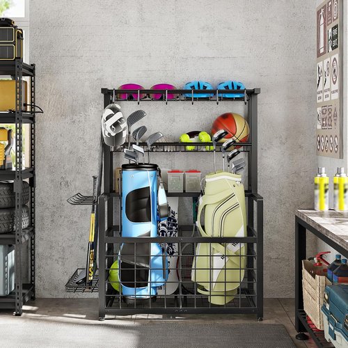 HOOBRO Ball Storage Rack - Heavy Duty Garage Organizer with Hooks & Basket | Black, Ideal for Outdoor & Basement