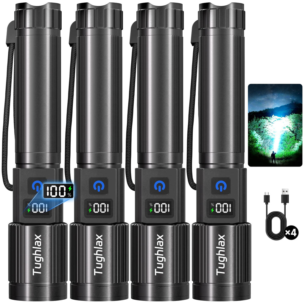 Tughlax 4Pack Rechargeable Flashlights High Lumens 10000LM, Super Bright Flashlight with LCD Digital Display, 5 Modes Adjustable Flash Light, LED Flashlight Powerful, Tactical Flashlights for Home