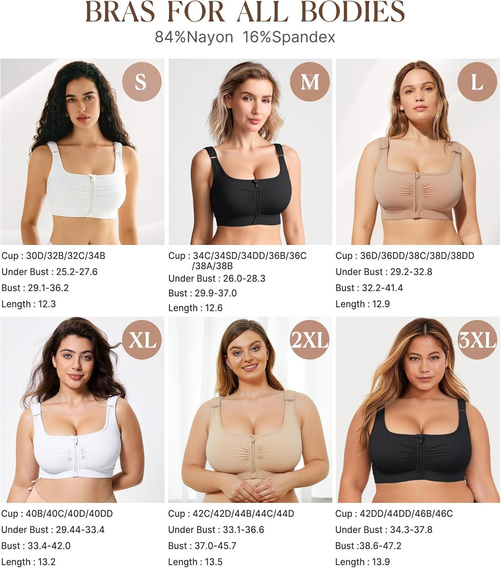 BRABIC Zip Front Closure Bra - Post-Surgery Compression Support | Full Coverage, Adjustable Straps