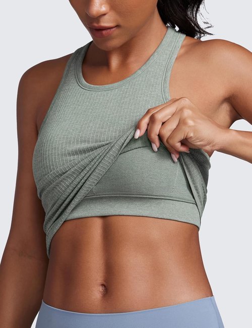 CRZ YOGA Seamless Ribbed High Neck Crop Tank Top - Longline Racerback Padded Sports Bra for Women
