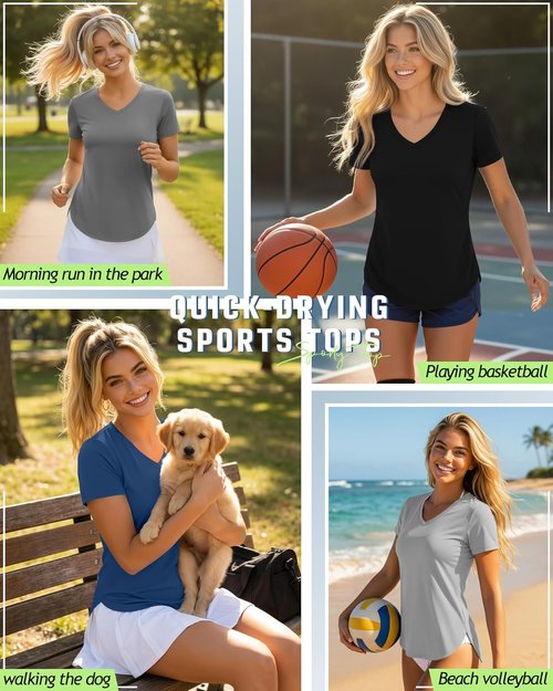 Locoowai Women's Workout Shirts - V Neck Quick Dry Tops with UPF 50+ Protection | 5 Pack, Short Sleeve