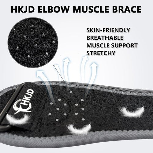 HKJD Tennis Elbow Brace for Men & Women, Elbow Brace for Tendonitis & Golfer's Elbow, Adjustable Elbow Brace for Men with 2 Compression Pads for Pain Relief & Support, Beathable Tennis Elbow Strap for Women & Men, Forearm 8.5''-12'' (1 Pack)