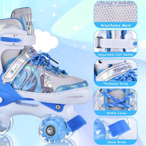 TOMSHOO Kids Roller Skates for Girls Boys 4 Sizes Adjustable Quad Skates with Light up Wheels Ages 3-5 5-8 6-12 rollerskates for Indoor Outdoor Birthday Gift (Blue, Small)