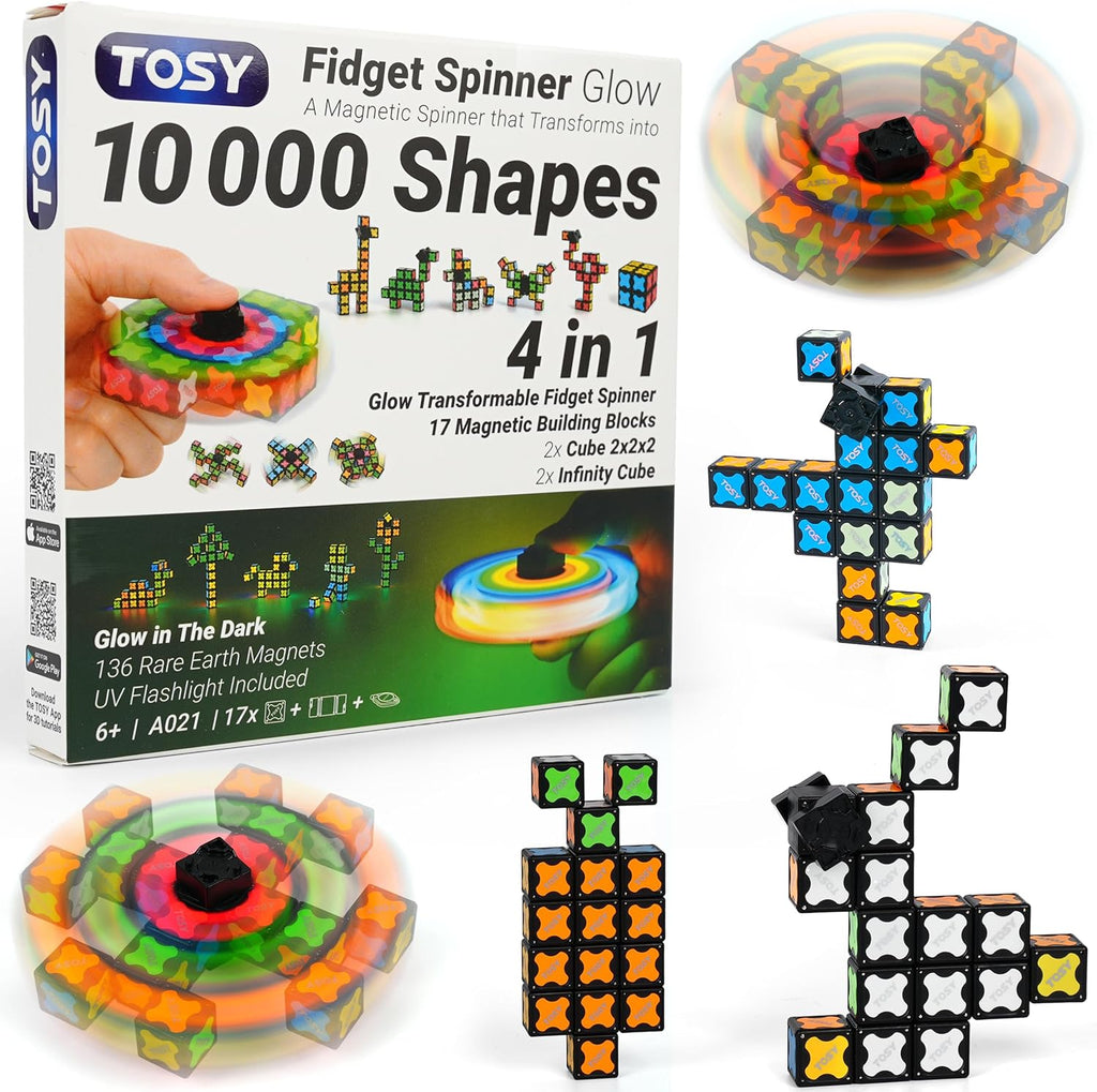 TOSY Magnet Fidget Spinner - Glow-in-the-Dark 3-in-1 Transformable Toy | Infinity Cube & Puzzle for Stress Relief