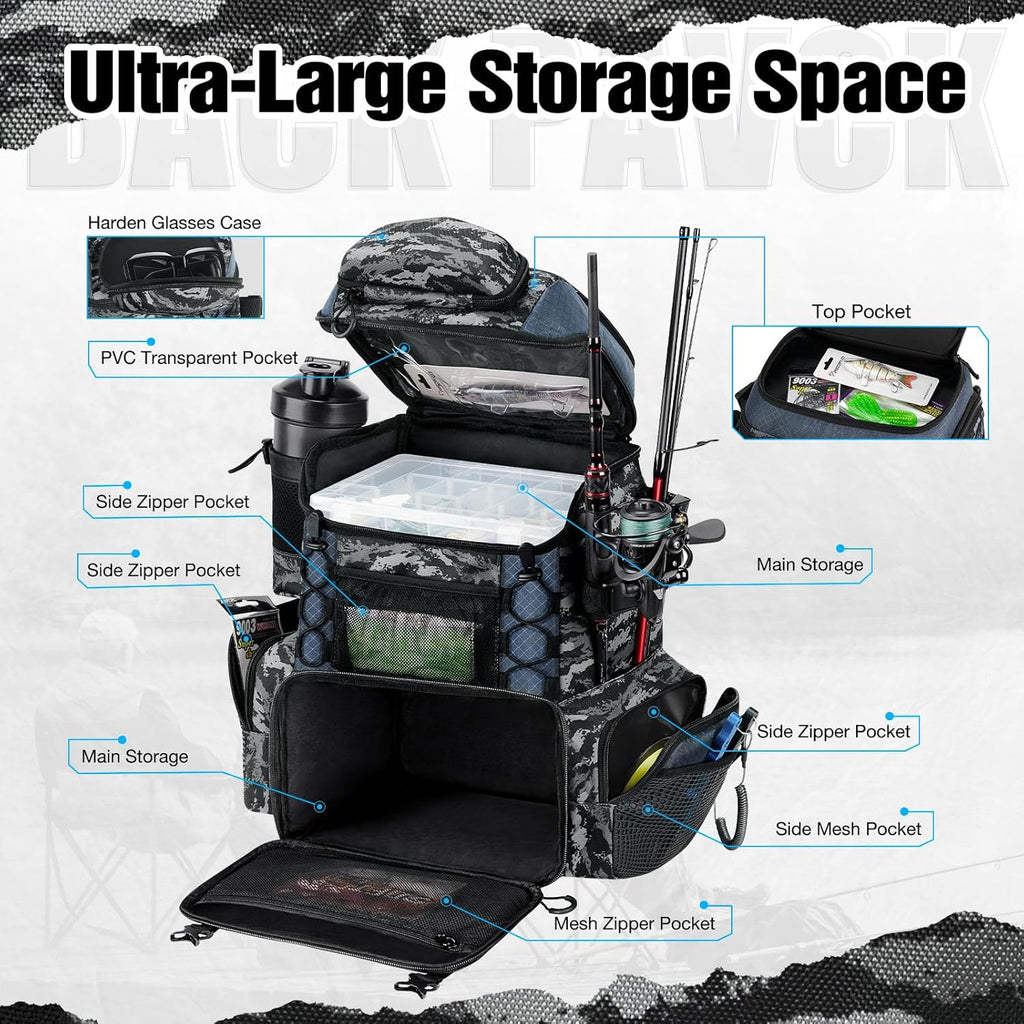 Piscifun Fishing Tackle Backpack - 42L Waterproof Bag with Rod Holders & 4 Tackle Boxes