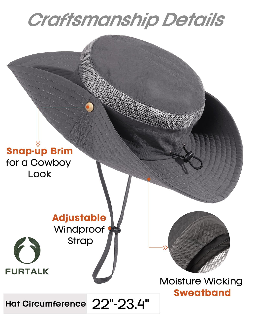 FURTALK Sun Hats for Men Women Fishing Hat UPF 80+ Breathable Wide Brim Hiking Summer UV Protection Bucket Hats Dark Grey