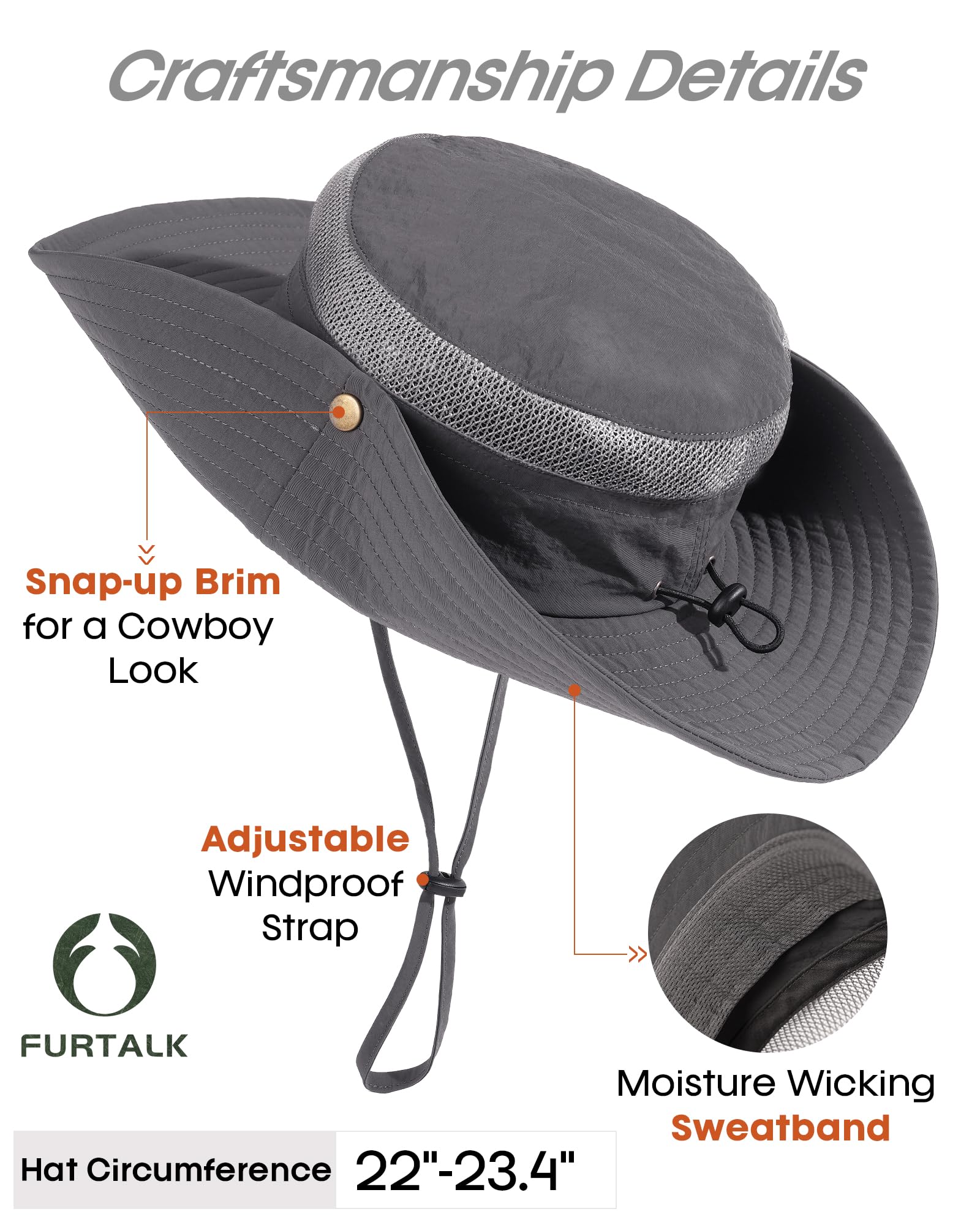 FURTALK Sun Hats for Men Women Fishing Hat UPF 80+ Breathable Wide Brim Hiking Summer UV Protection Bucket Hats Dark Grey