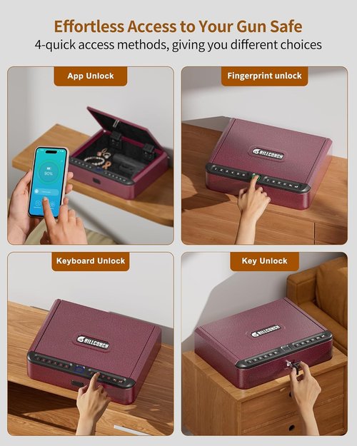 BILLCONCH Biometric Gun Safe - Quick Access Pistol Safe with Fingerprint, Keypad & APP Lock | Burgundy Red