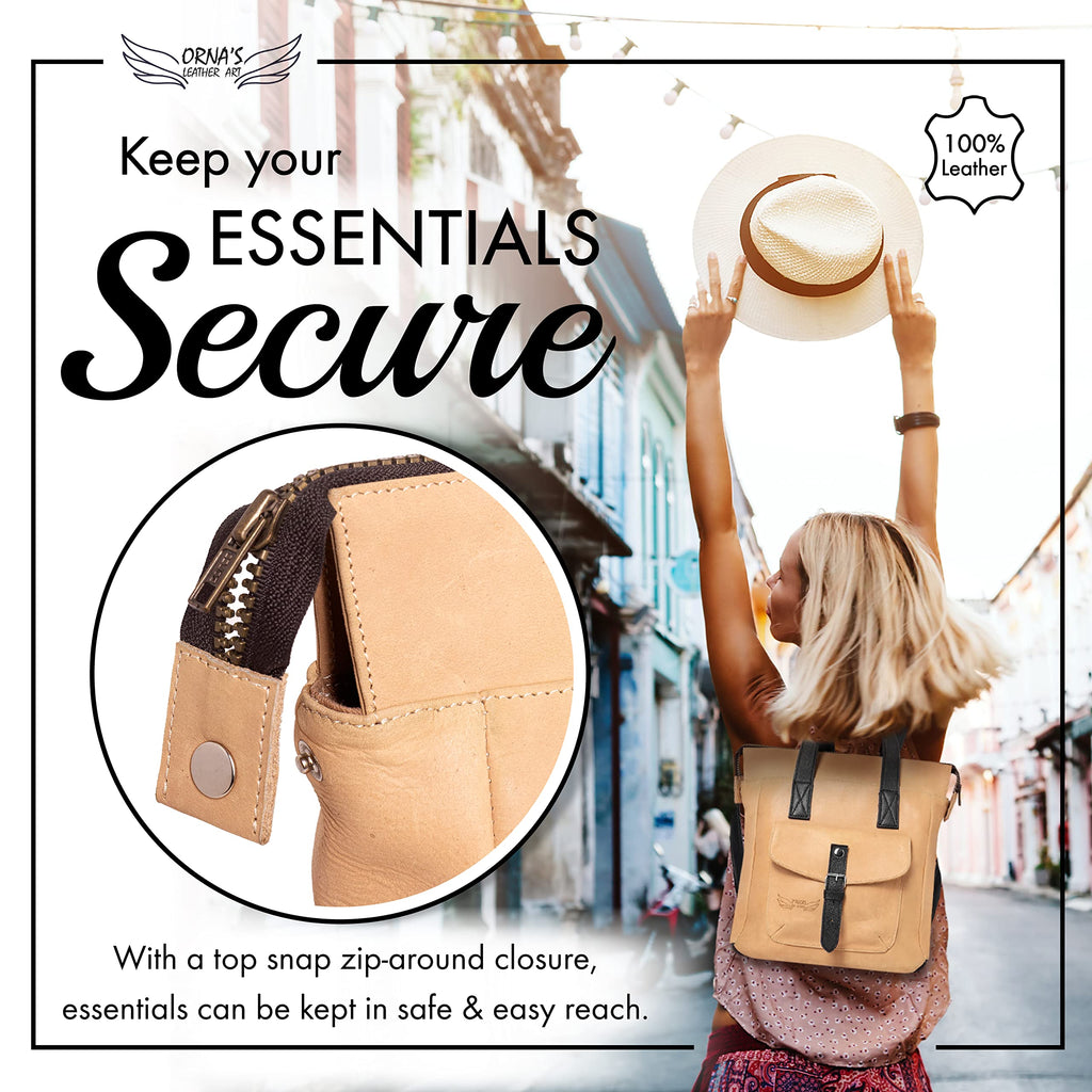 ORNA'S LEATHER ART | Mini SWAN Everyday leather backpack for Women. Practical, Stylish and Spacious Women’s Bag. Real Leather in A Chic Backpack And Contemporary Design (Sand)