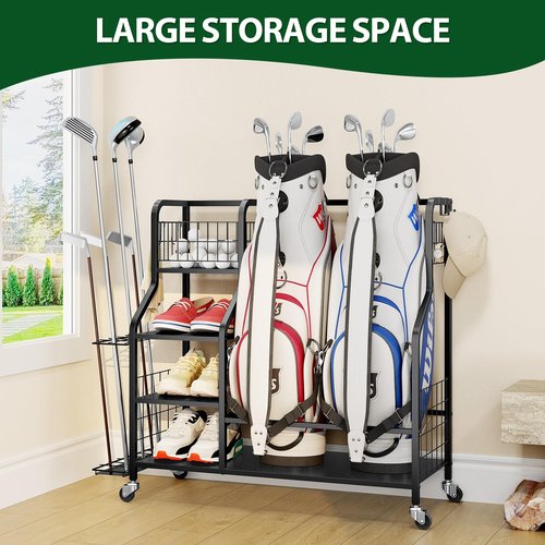 Golf Storage Organizer for Garage, Golf Bag Storage Rack with Lockable Wheels, Heavy Duty Golf Club Organizer with 3-Tier Shelves & Removable Hooks for Golf Accessories, Golf Bag Stand Holder, Black