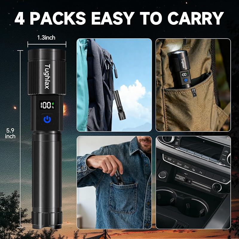Rechargeable LED Flashlight 4 Pack with Power Display, 5 Modes, IPX5 Waterproof