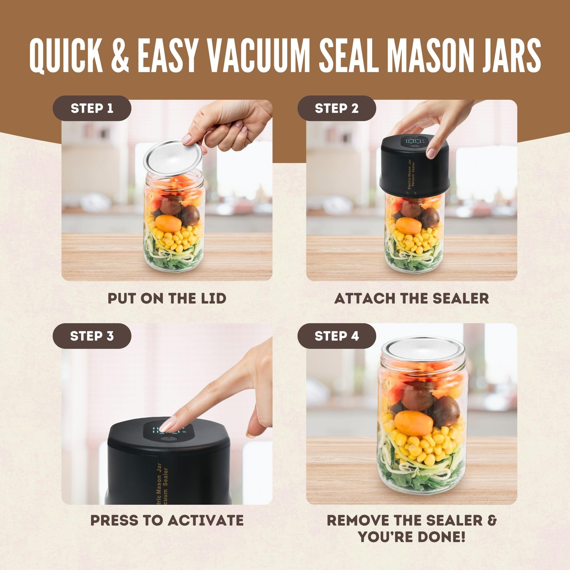 All-New 2026 Electric Mason Jar Vacuum Sealer Kit – Automatic Rechargeable Sealer for Mason Jars – Includes 5 Lids (Regular & Wide Mouth), Lid Opener, & Type-C Cable – Eco-Friendly Food Preservation